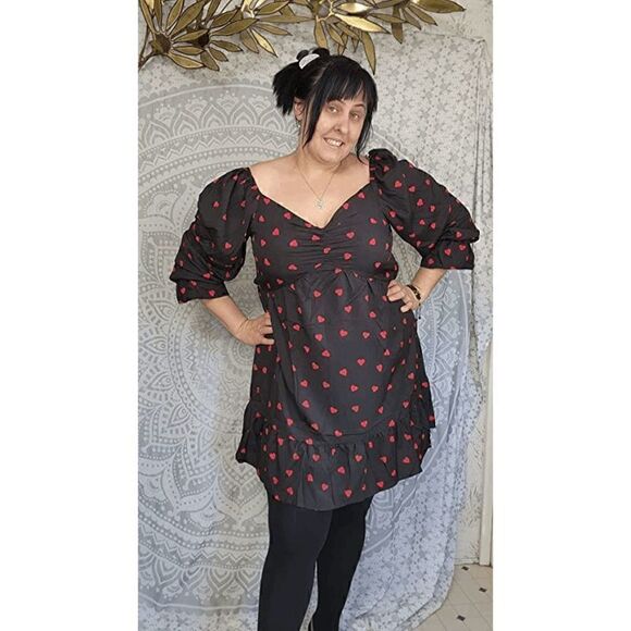 ❤ Plus Size Valentine’s Day Sweetheart Long Sleeve Heart Print Black Dress NWT - Picture 13 of 16